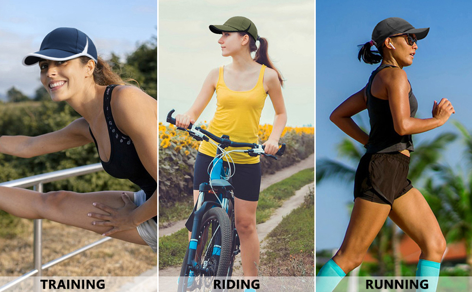 Three womens wearing training hats for running exercising and cycling riding