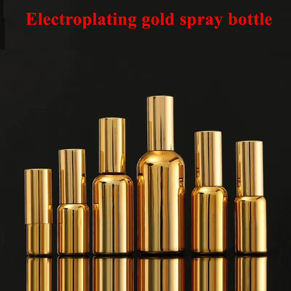 20ml 30ml 50ml Cosmetic Packaging Slant Shoulder with Electroplating Gold Glass Spray Bottle with Spray Pump Dropper