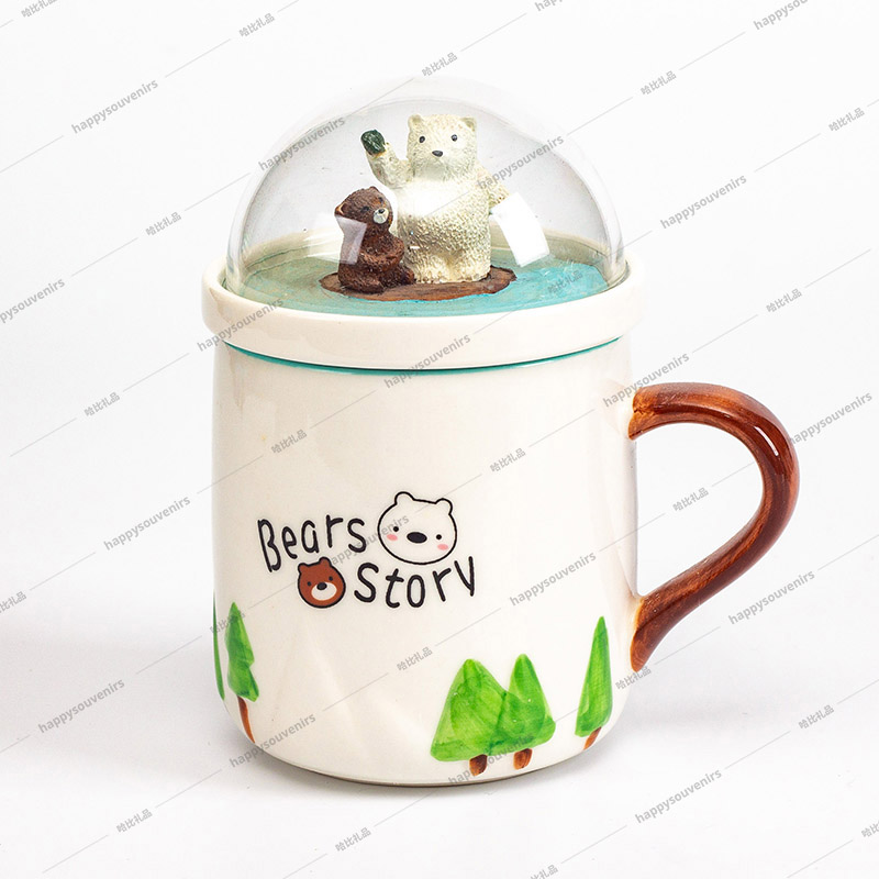 New Miniature Landscape Tea Coffee Cup Bears Story Ceramic Mug Globe Lid
