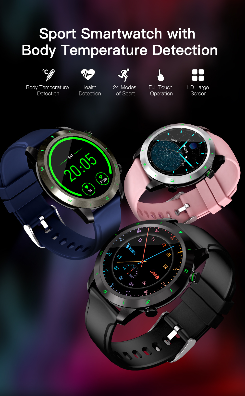2021 Hot Sale IP67 Waterproof 1.28 Inch TFT Color Screen Heart Rate and Temperature Detection G30t Smart Watch