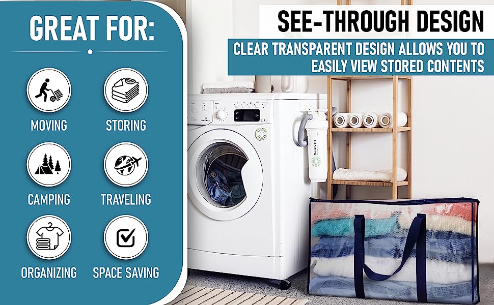 See-through design. Clear storage bag next to a washing machine in the laundry room. Transparent bag