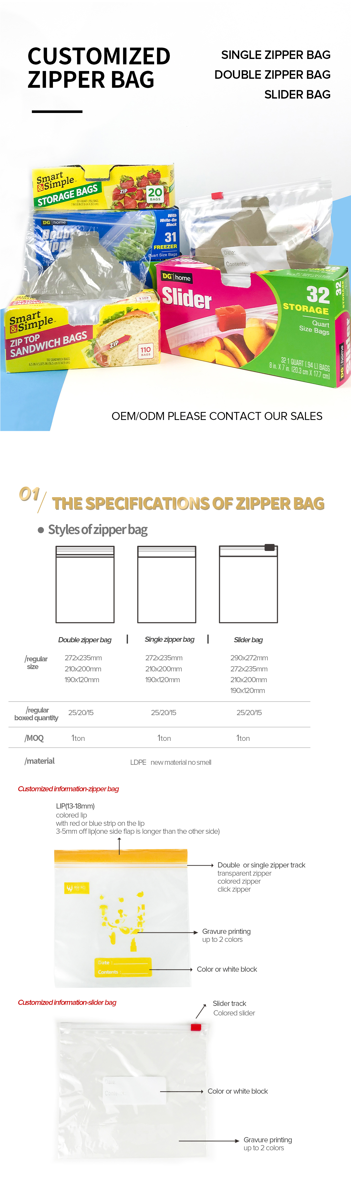 OEM Printed Logo Food Grade Slider Storage Bags Sandwich Bag With Custom Logo zip lock plastic garment bag