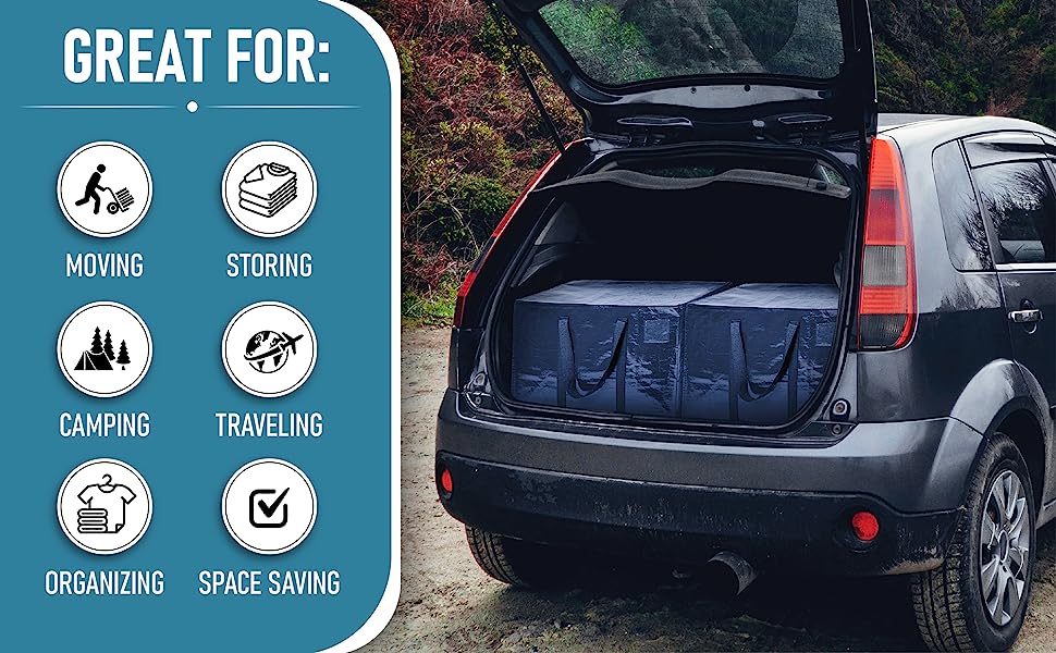 Blue storage bags stored in the trunk of an SUV car that is outdoors. Great for travel, transporting