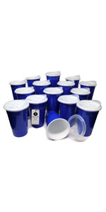Bulk-pack of 15 reusable plastic party cups with lids. 16oz, double-wall, BPA-free, dishwasher safe