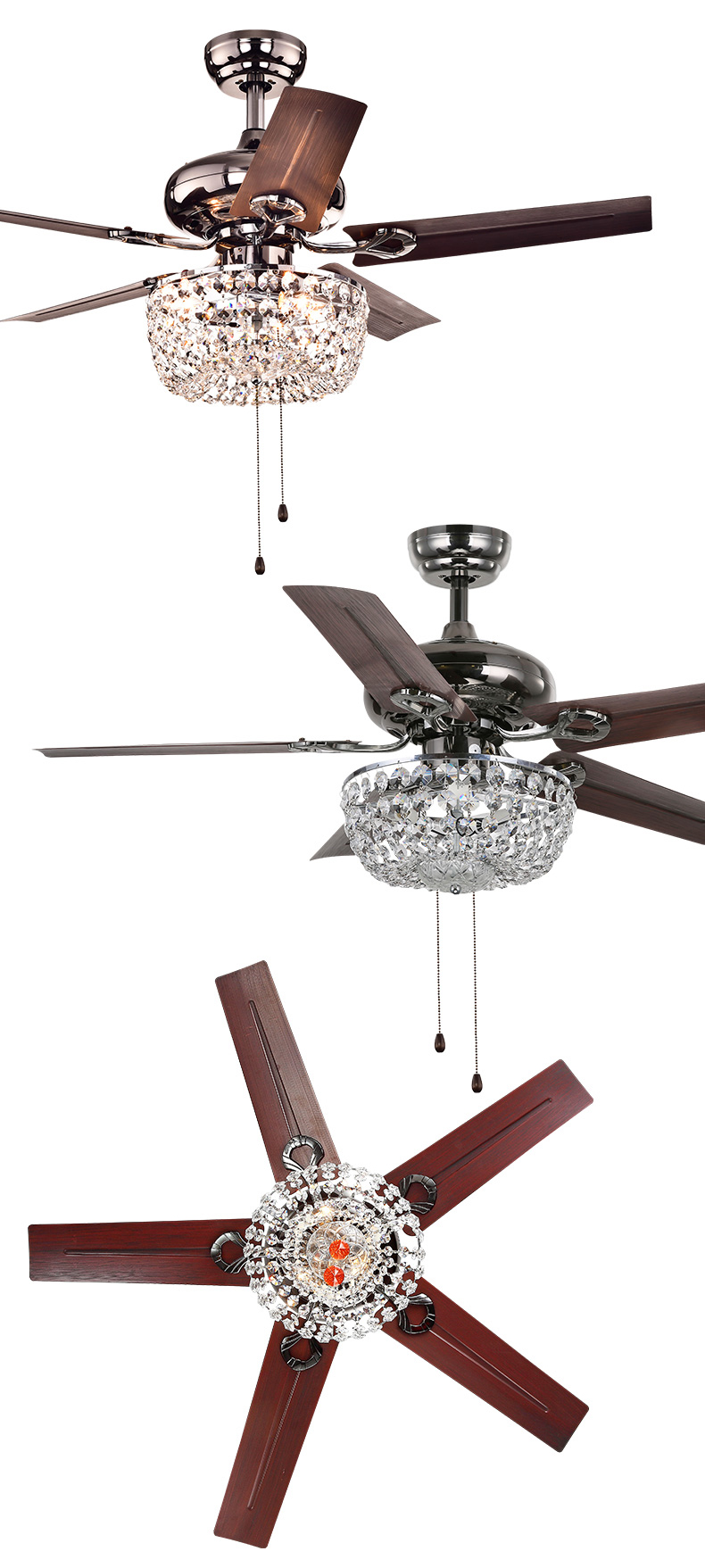 Decorative Livingroom Office Metal Blades Pull Chain Crystal Ceiling Fan With Light