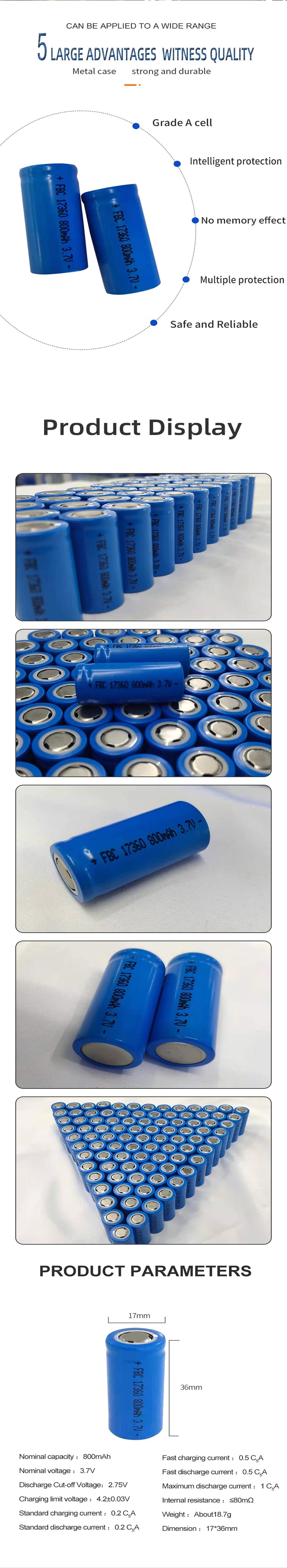 Special Shaped Single Rechargeable Lithium Battery Cell 17360 800mAh for All Kinds of Car Models, Aircraft Models, Toy Remote Controls