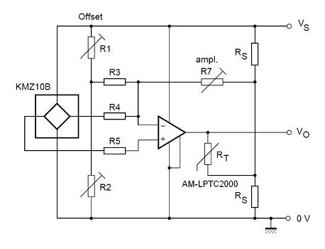 Temperature compensation circuit using linear silicon PTC thermistor 2k ohm part