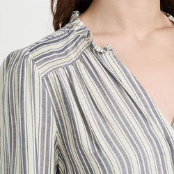 Ladies Long Sleeve Casual Ruffle V Neck Striped Viscose Mini Dress for Women