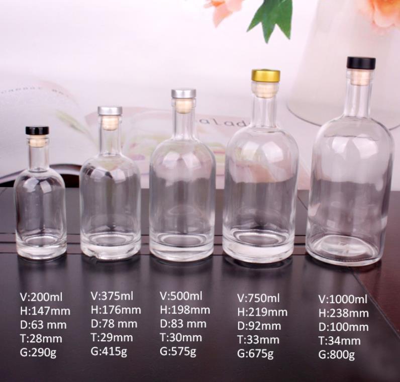 Custom 200ml 375ml 500ml 750ml 1000ml Transparent Round Liquor Vodka Whisky Glass Bottle
