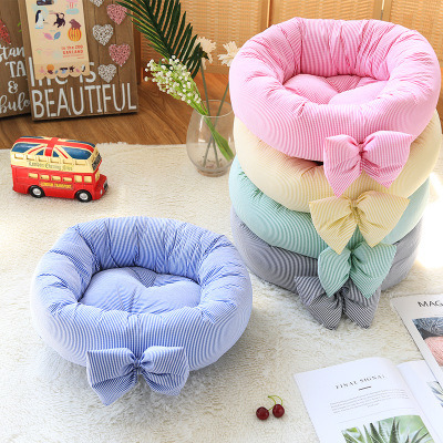 Cute Bows Stripes Dog Beds Cotton Flocked Round Pet Cushion