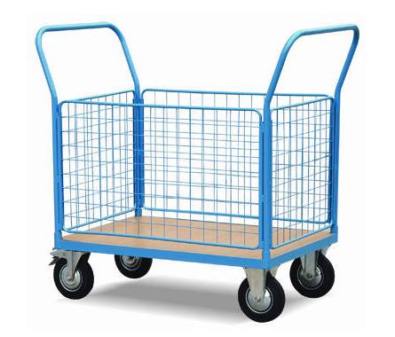 Two Handles Light Blue Wire Mesh Cart with Swivel Castors for Factory