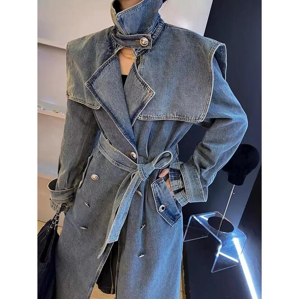 High End Fashion Winter Loose Blue Denim Jacket Windbreaker Trench Ladies Long Coat for Women