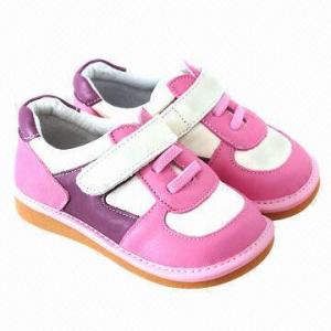 China Children's casual/squeaky/soft sole leather shoes, elastic ankle design, eco-friendly on sale 