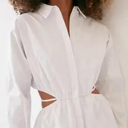 Summer Casual Dresses Hollow Cut out Waist Design Long Sleeve Turn Down Collar Blouse Shirt Dress Women Elegant