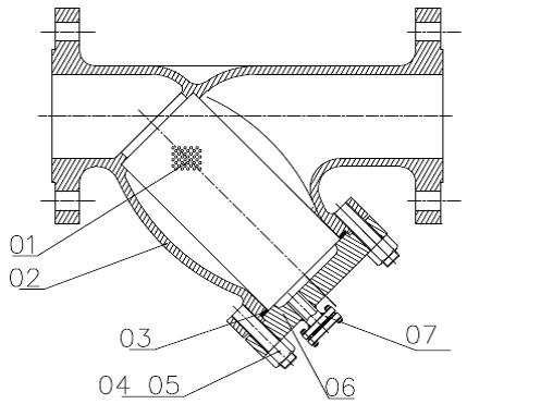 Y Type Strainer Drawing with Flanged Drain Plug