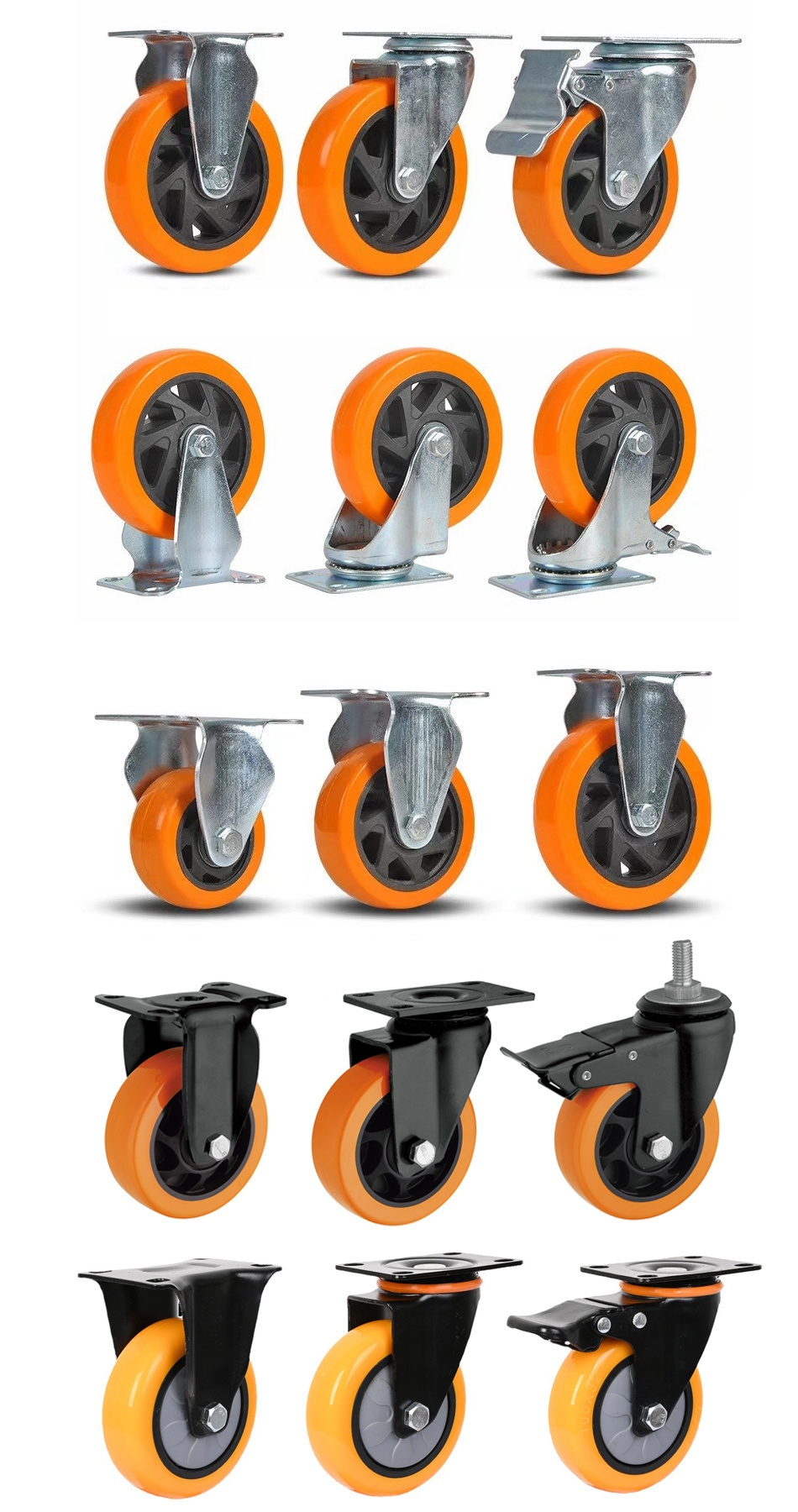 75mm 3inch Orange Industrial Trolley Furniture Screw Swivel PU/PVC Caster Wheel with Brake