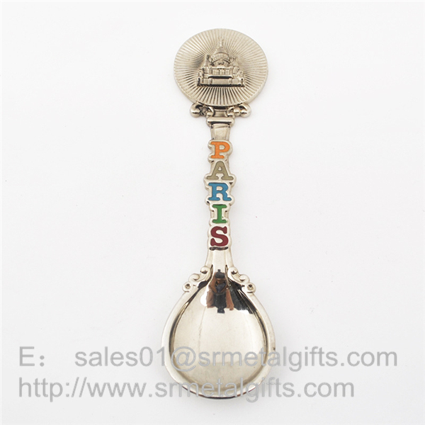 Enamelled metal Paris travel souvenir spoon with color filled