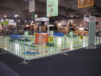 The crowd control barriers are installed surround the exhibition hall.