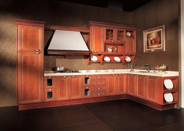 L Shaped Apartment Solid Wood Kitchen Cabinets Antique Red With