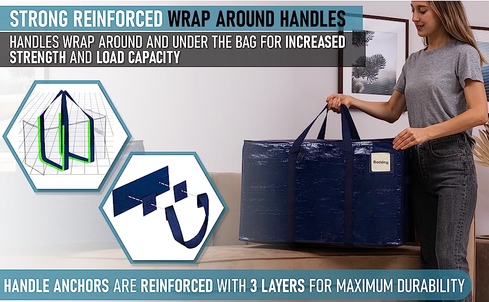 Woman grabbing the blue storage bag by its strong reinforced wrap handles that wrap under the bag.