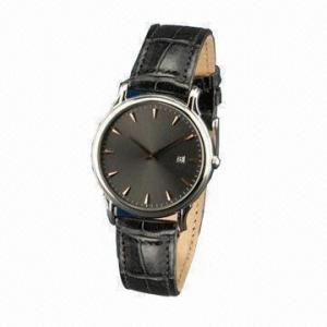 China Slim-line Wristwatch with Leisure Table/Date Functions, Stainless Steel Case and Leather Strap on sale 