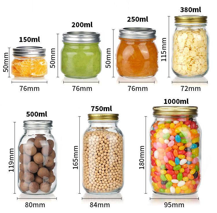 Top Quality 150ml 250ml 300ml 500ml 1000ml Regular Mouth Glass Mason Jar with Steel Strainer Lids