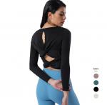 Pretty Bow Backless Cropped Workout Long Sleeve Shirts For Yoga