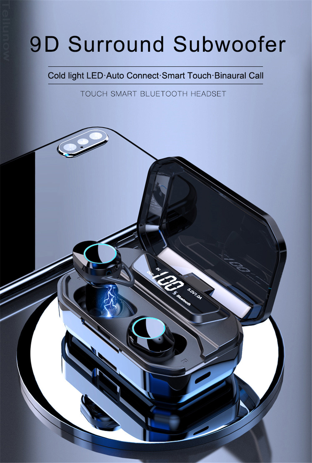 Tws Bluetooth 5.0 9d Stereo Earphone Wireless Earphones Ipx7 Waterproof Earphones (with 3300mAh LED Smart Power Bank Phone Holder)
