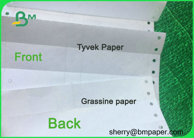 Matrix Tyvek ticket Labels pinfed Punch hole reinforced on back with tape strip