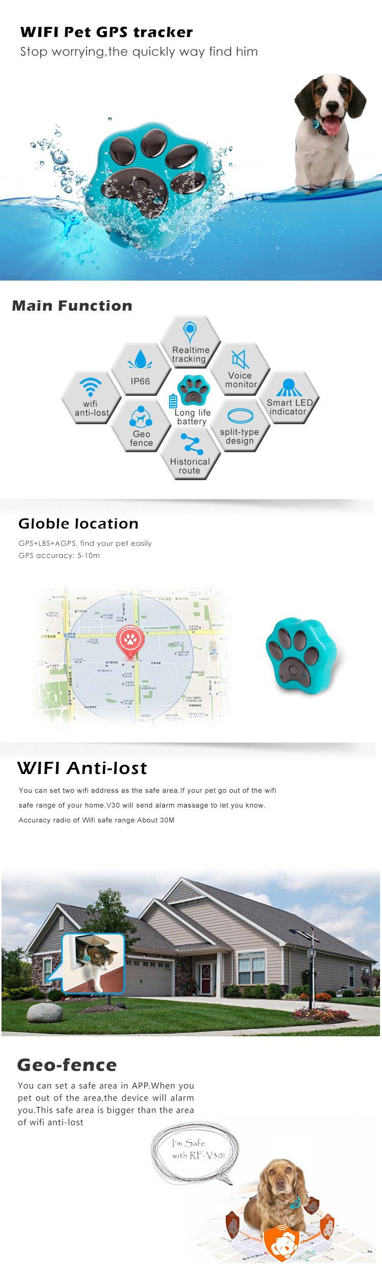 Reachfar rf-v30 2016 cheap mini waterproof wifi anti-lost pet gps tracker inside sim card for small dog/cat