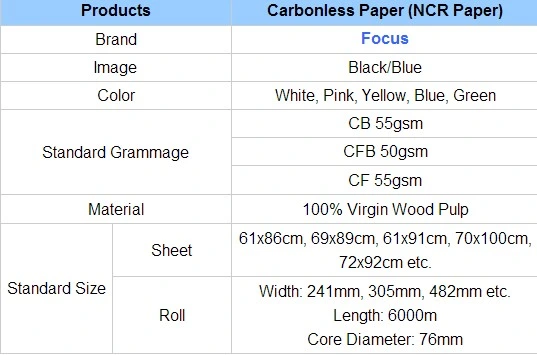 Blue Image, Black Image, Top Grade of Carbonless Paper/NCR Paper/Jumbo Reels