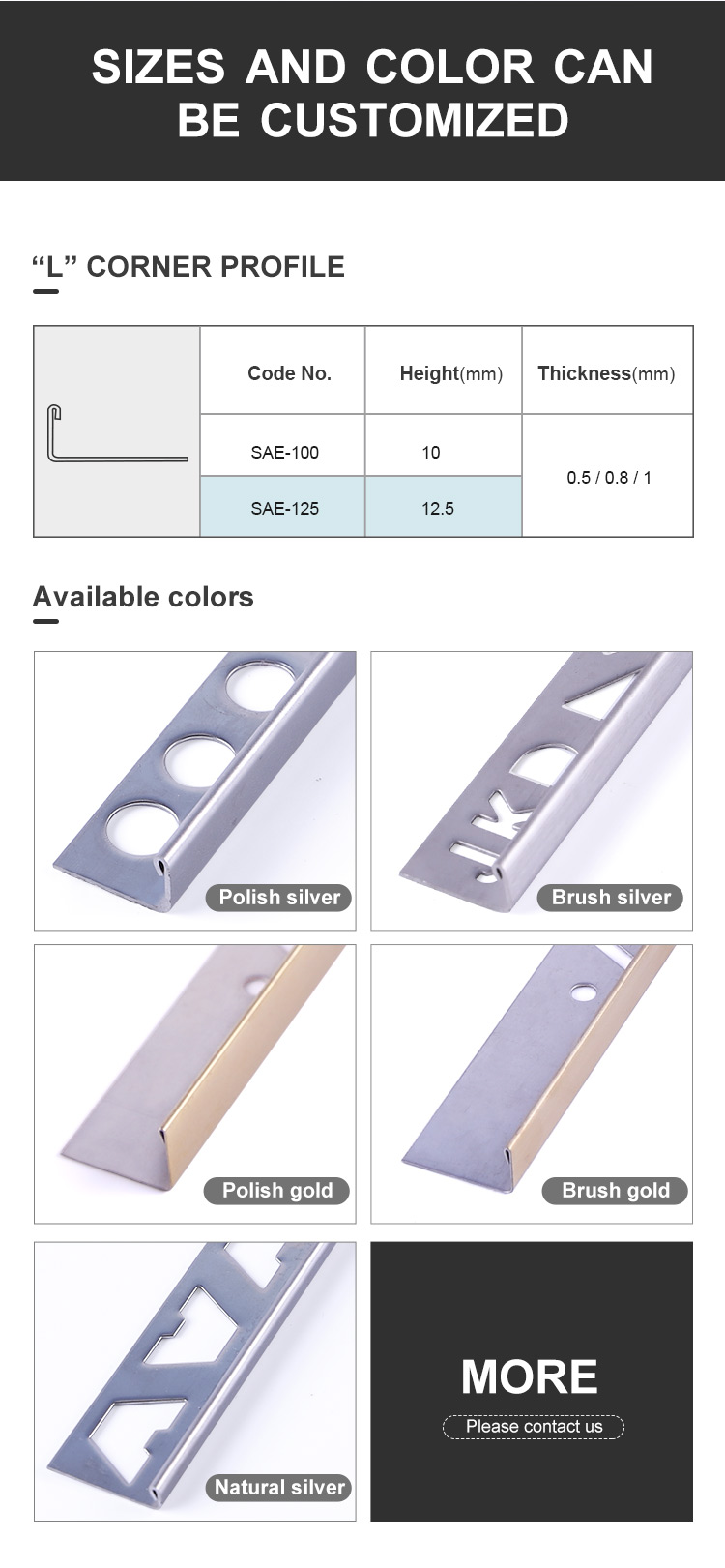China factory Direct sales price L shape type protective edge stainless steel tile trim corners