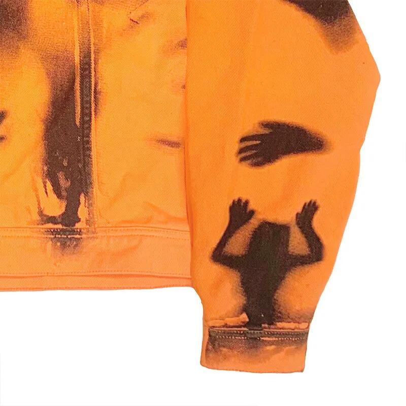 Jacket Button Orange Men&prime;s Jackets &amp; Coats Full Over Digital Printed Distressed Denim Jacket