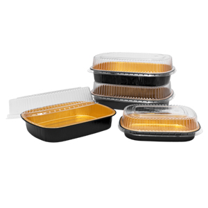 Karat 48 oz Black and Gold Aluminum Foil Take Out Pan with Clear PET Dome Lid