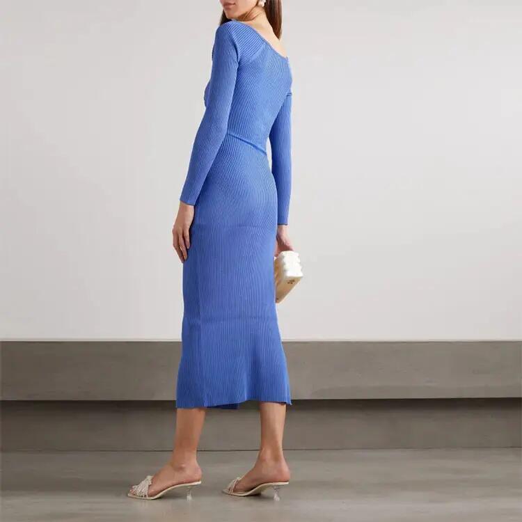 Knitwear Blue Rib Elegant Casual MIDI Plus Size Women&prime;s Dresses Sexy Sweater Knit Dress