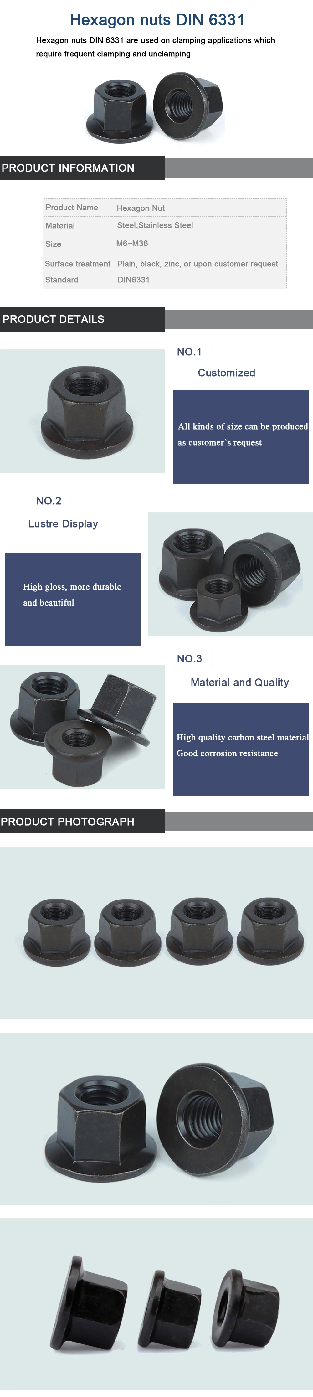 Hardware Bolt Nut Fastener M6 Carbon Steel High Strength Flange Collar Nut DIN6331 for Furniture