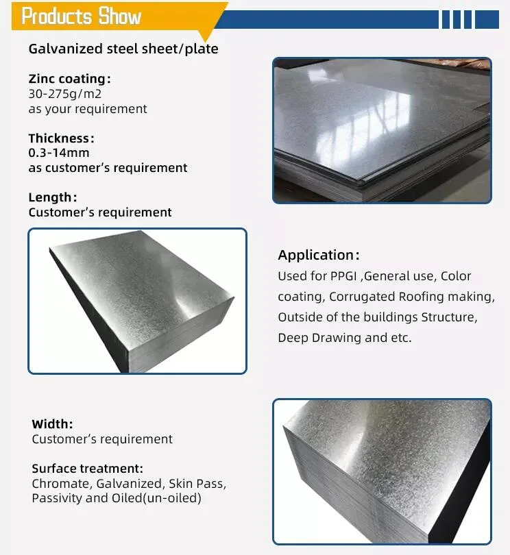 Manufacture SGCC SPCC Dx51d+Z Z275 G40 12 14 16 18 20 22 24 26 28 Gauge Hot Dipped Zinc 1219*2438 1250*2500 Gi Zero Regular Spangle Galvanized Steel Plate/Sheet