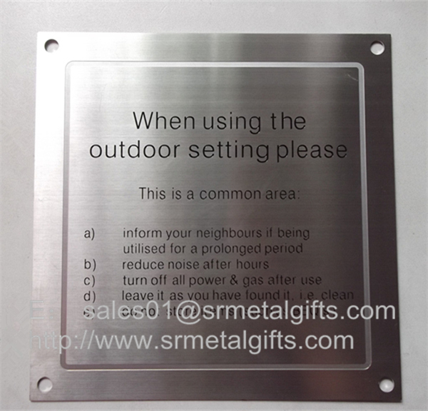 Satin brush stainless steel warning sign plate with screw holes