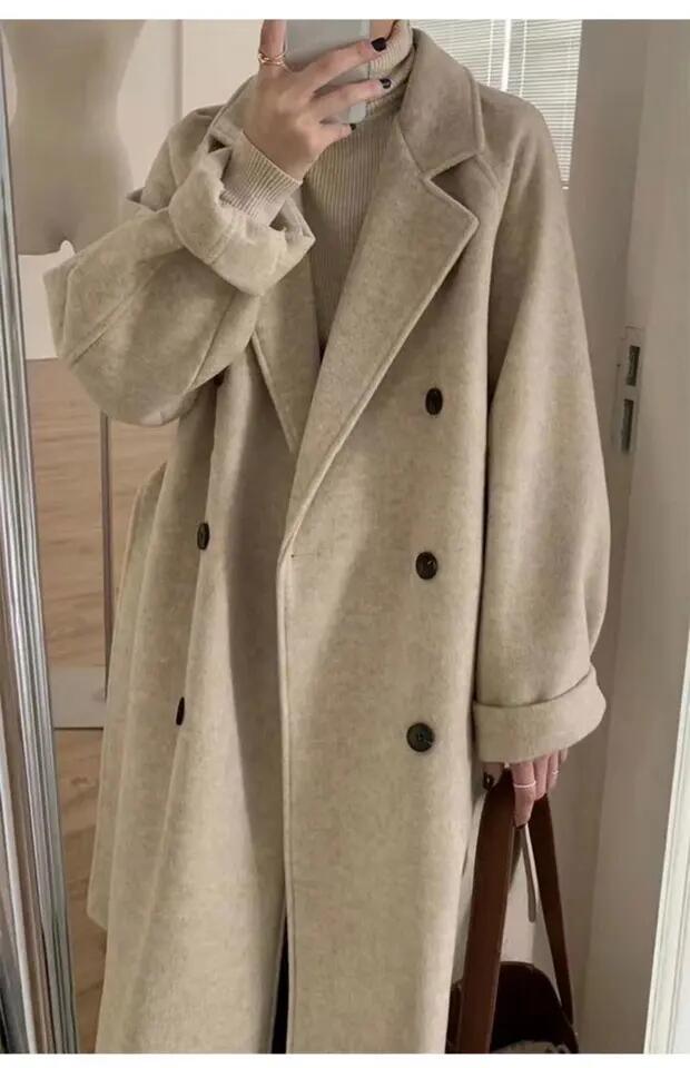 Fall and Winter Woman&prime;s Coats Ladies Jackets Woolen Solid Turn Down Collar Long Coats for Woman