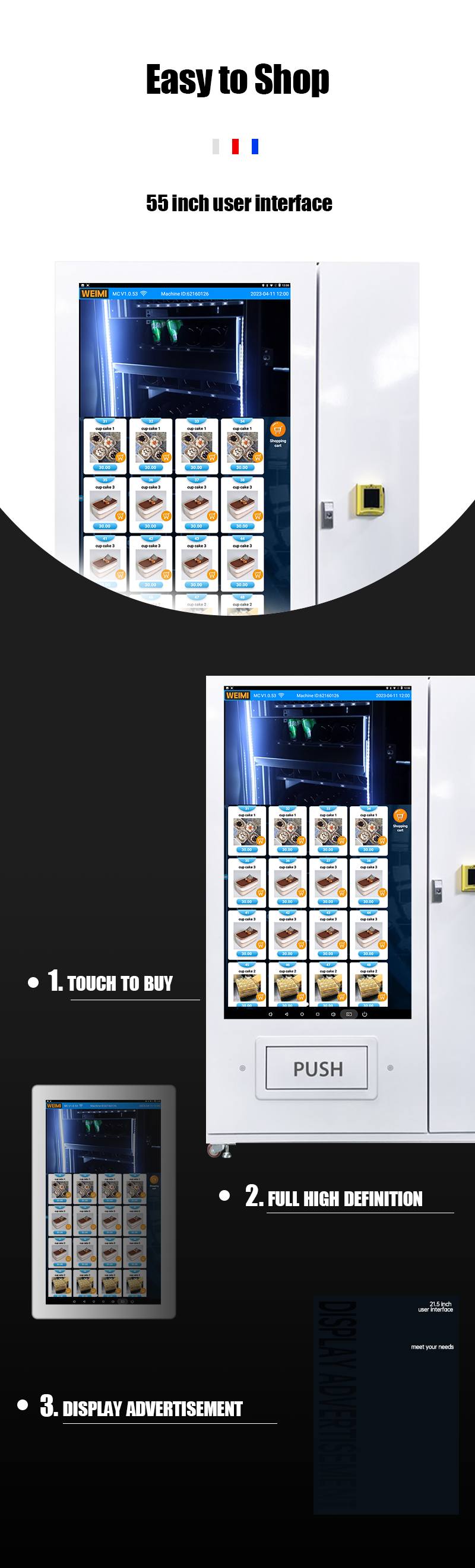  Micron 55 inch ads vending machine double glass door