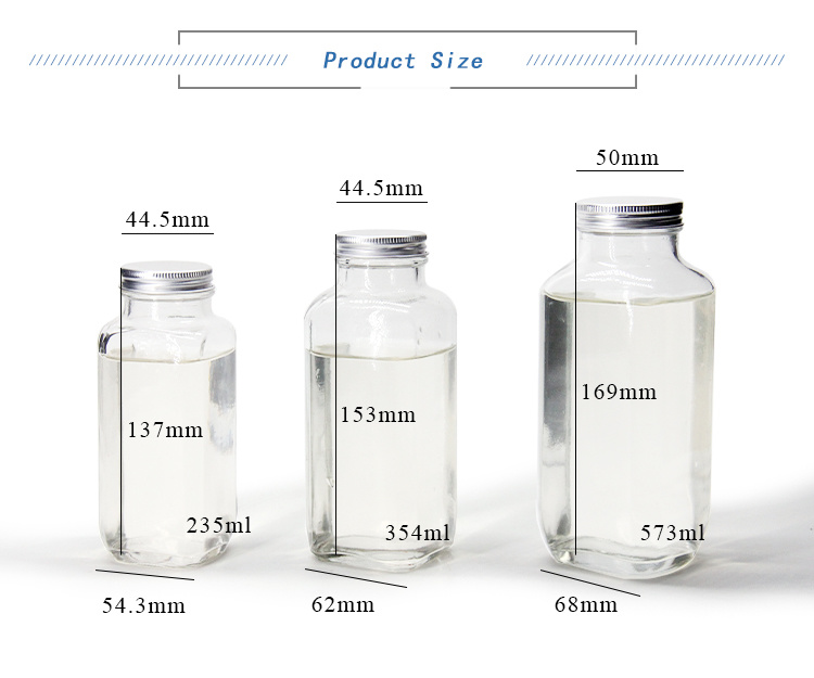 8oz 2oz 16oz French Square Juice Glass Bottles Packaging for Beverage with Plastic Screw Cap