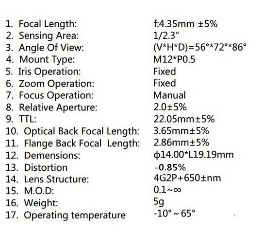 4.35mm Lens 1/2.3 Inch 10MP IR 72D HFOV No Distortion for Gopro6 lens