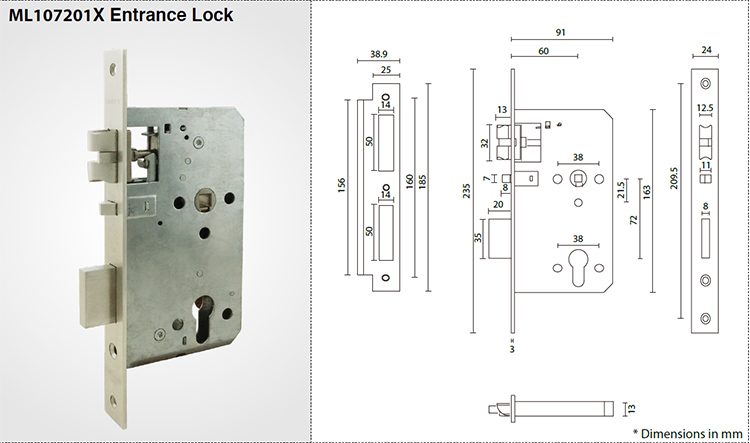 ANSI Grade 1 door mortise lock body with 72mm centers 60mm backset