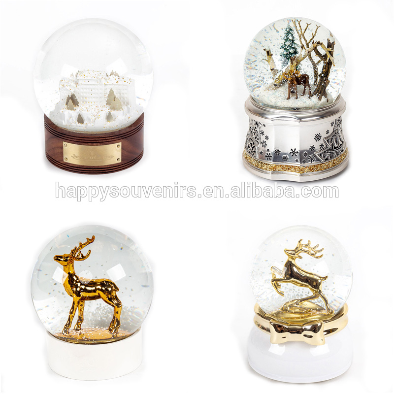 Metal Base Christmas Battery Operated Snow Globe Luxury Snowball Water Electronic Music Snow Globe
