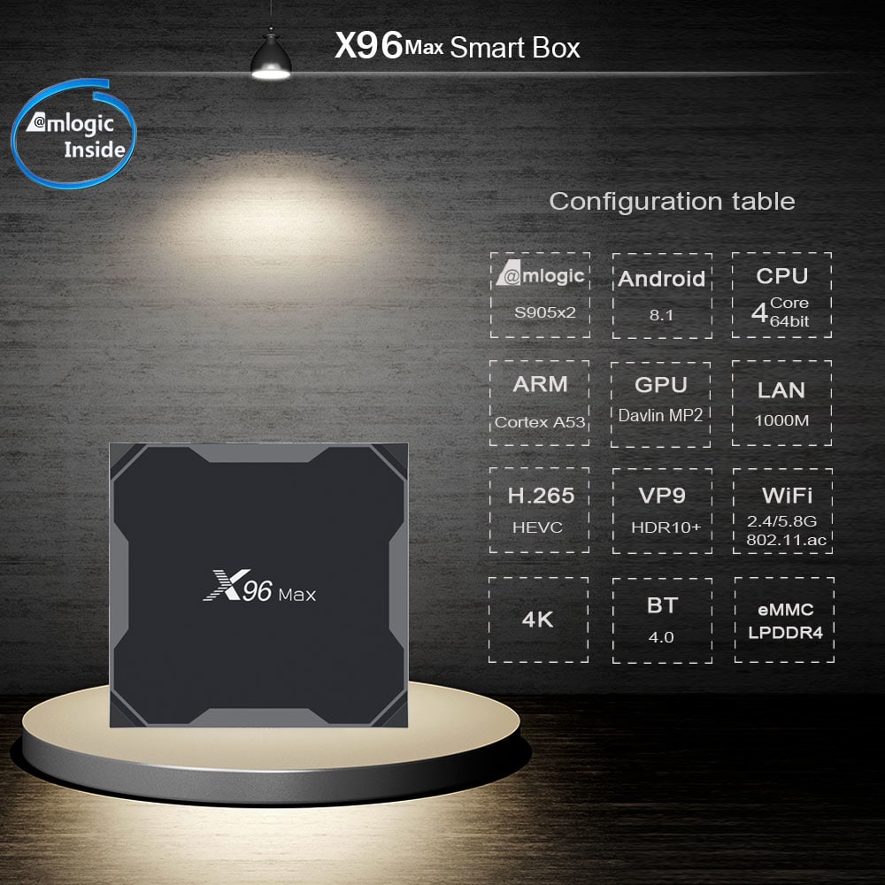 X96 MAX TV Box Amlogic S905X2 / Android 8.1 / USB3.0 / VP9- Black 2GB DDR4+16GB ROM US PLUG