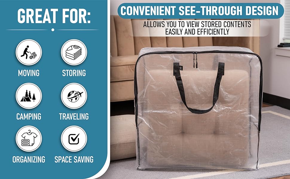 Convenient see-through design. Visible large cushion inside the extra-large clear storage bag.