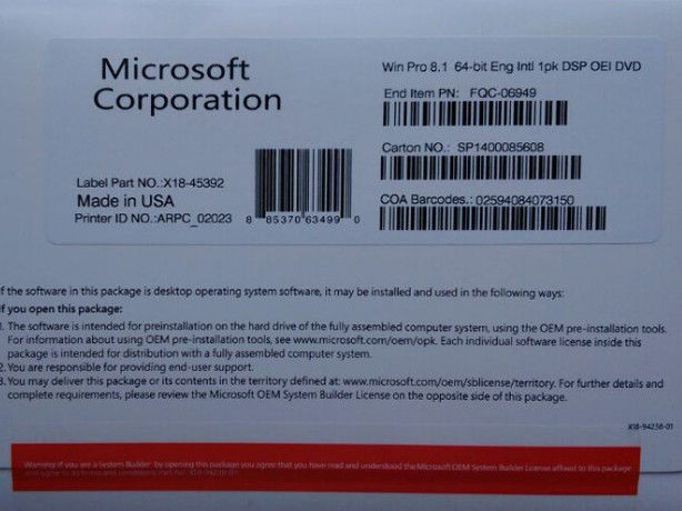 OEM Package Microsoft Windows 8.1 Professional Global Area 100% Activation