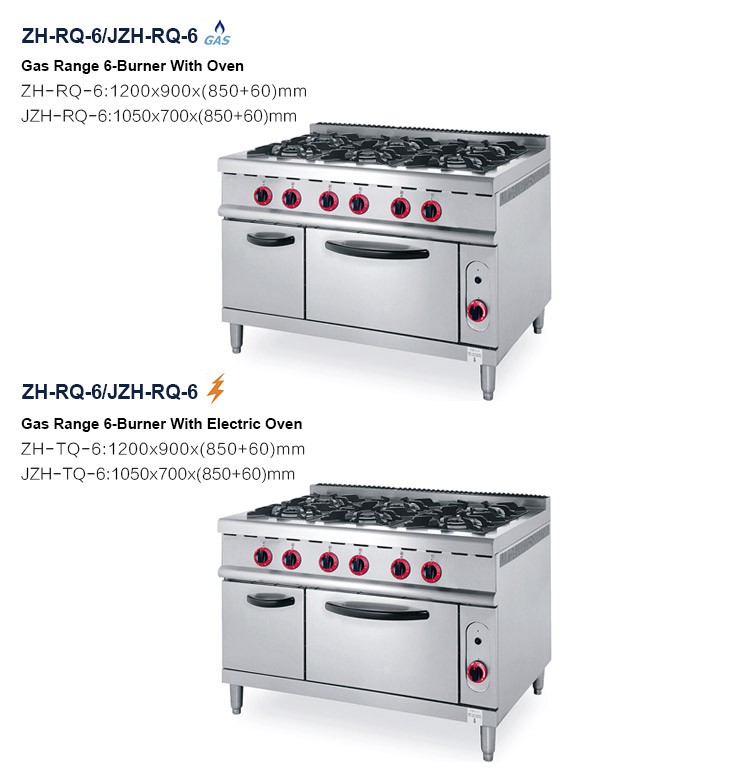 ZH-RQ-6 Commercial kitchen professional 6 burner gas cooking range prices industrial gas stove with oven