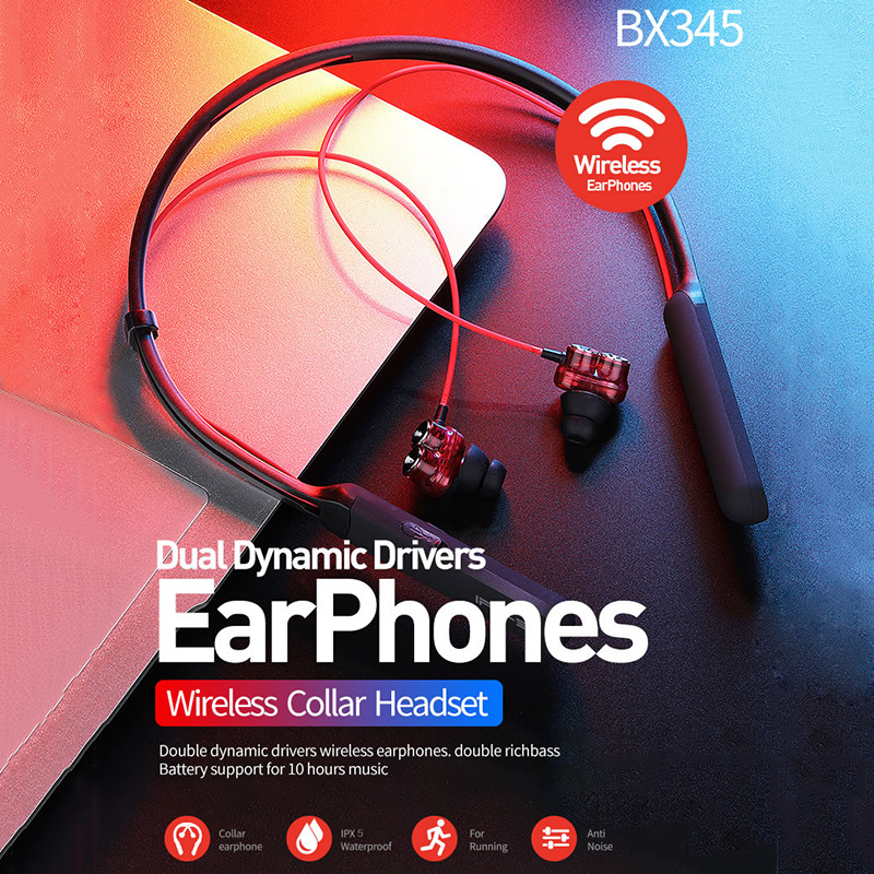 Dual Dynamic Wireless Headphones Bluetooth Earphones Neckband Collar Headset Handsfree Headphone Sport Earbuds for Phone Bx345
