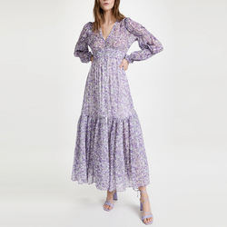 Ladies V Neck Floral Dress for Women Print Clothing Manufacturers Elegant Long Custom Logo Puff Sleeve Viscose Gown